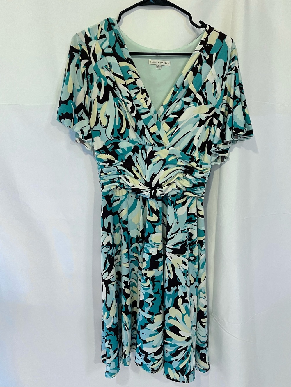 Sandra Darren Teal, Dark Navy, Cream & Pale Yellow Abstract Midi Dress